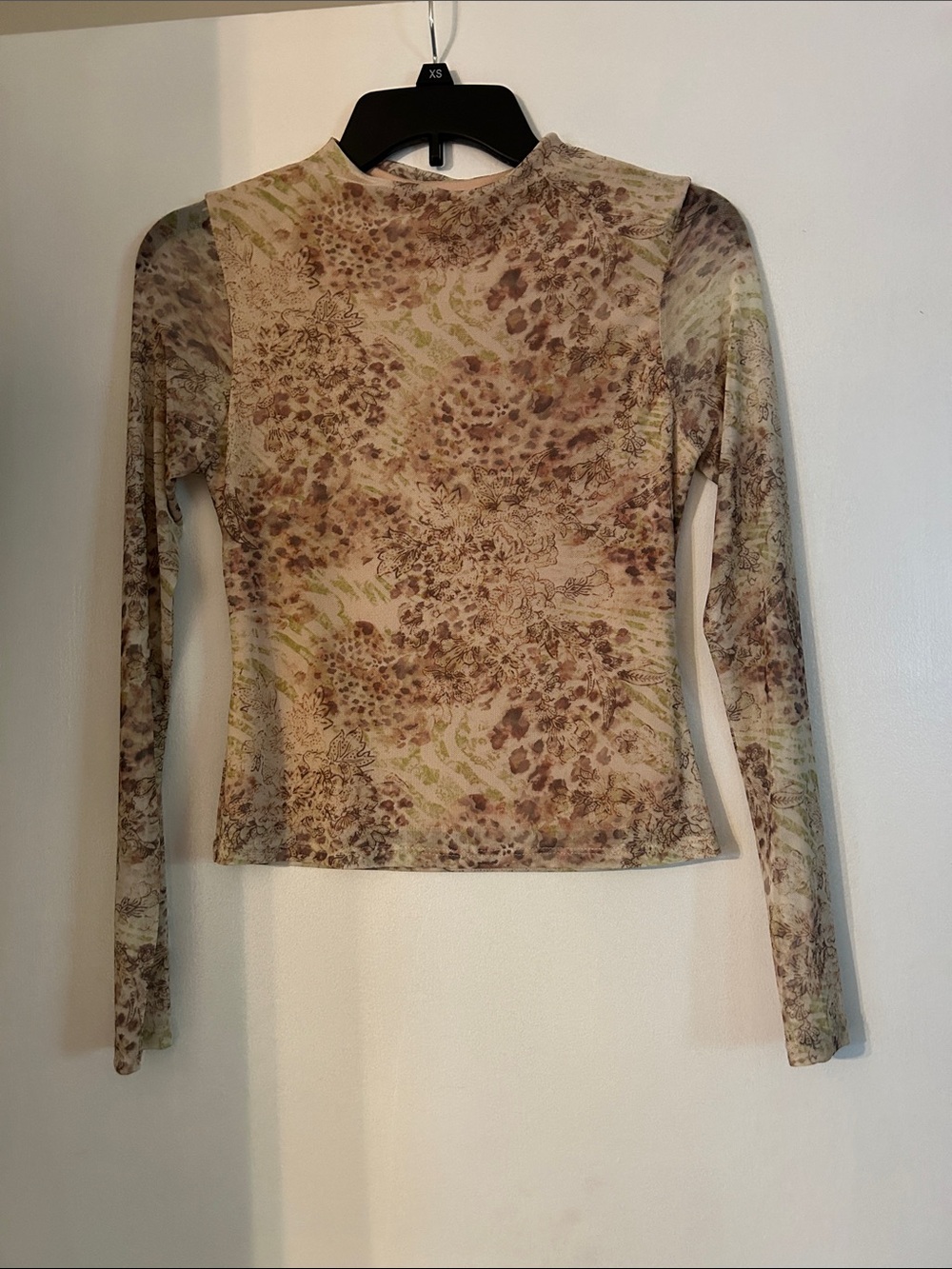 See You Monday Beige and Brown Sheer Long-Sleeve Mesh Top